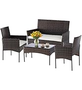 DUMOS 4 Piece Patio Furniture Set, All-Weather Outdoor Wicker Conversation Set with Removable Cus...