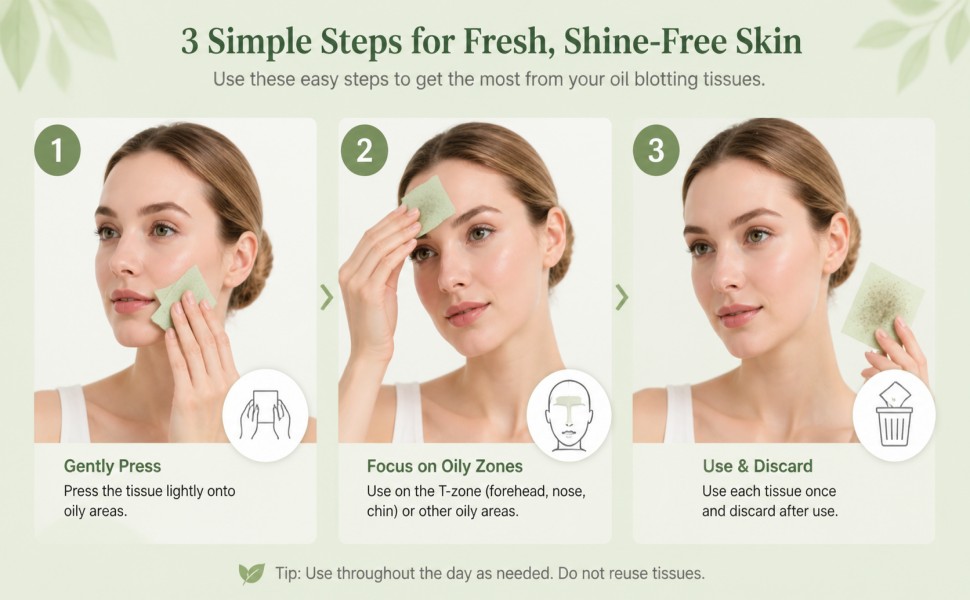 Three-step guide showing how to use green tea blotting papers