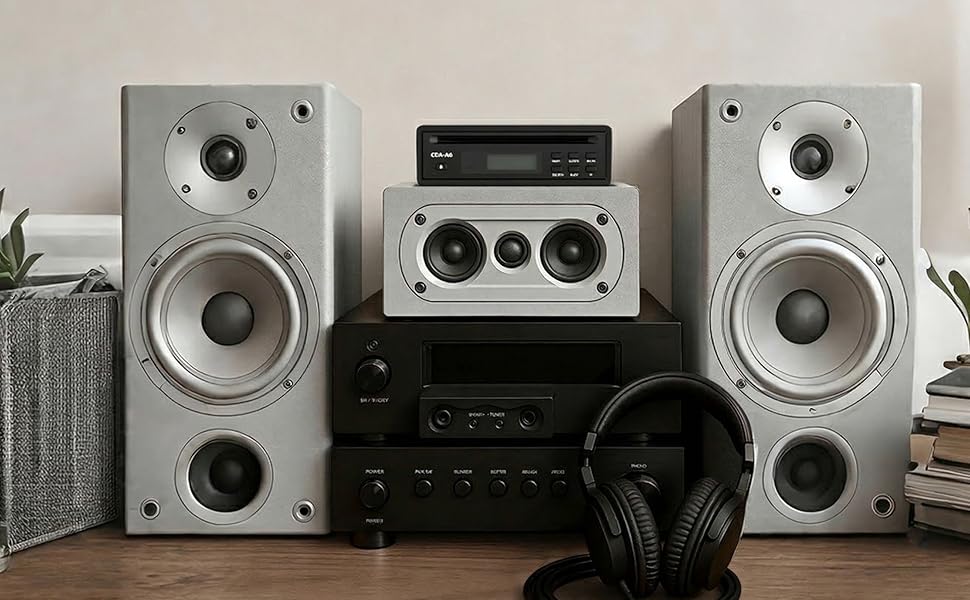 Compact desktop home stereo with wood casing and power adapter.