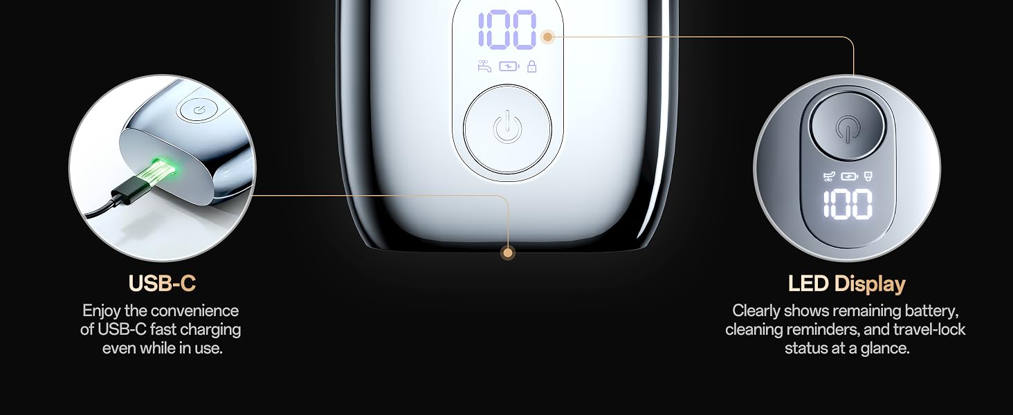 Clearly shows remaining battery, cleaning reminders, and travel-lock status at a glance USB-C Charge