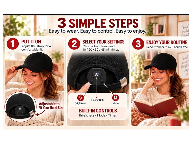 Three steps: adjust the red light cap, select brightness and timer, then read or relax hands-free.