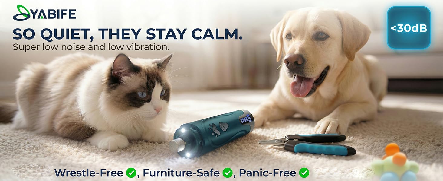 Cat and dog relaxing beside YABIFE quiet nail grinder and clipper kit with under 30dB callout