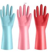 KAQ 3 Pairs PVC Rubber Gloves with Cotton Lined, Anti-Slip Dishwashing Gloves, Heavy Duty Kitchen...