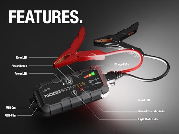 Features. Includes USB in and out ports, LED flashlight, and manual override button.