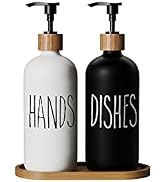 Glass Soap Dispenser Set with Wooden Tray,17 oz Hand Soap Dispenser,Matte Black Soap Dispenser Su...