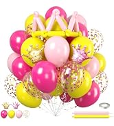Pink and Yellow Balloons, 50pcs Hot Pink Yellow Balloons With Pastel Long Balloon Gold Crown Foil...