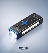 Text reads "V2610". Compact black rechargeable flashlight with blue accent stripe and illuminated white LED light on front.