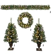 KTKDE Holiday Christmas 4 Piece Set, Christmas Garland, Wreath and Set of 2 Entrance Trees with L...