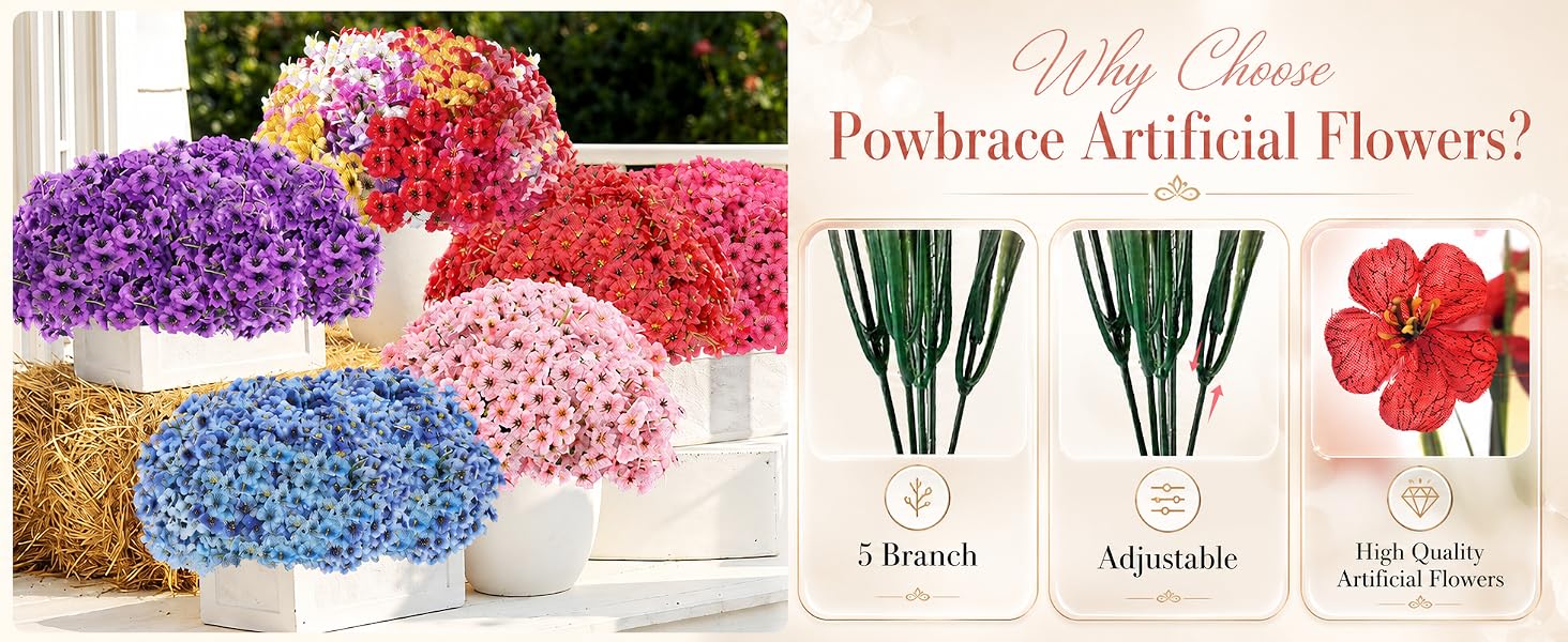 These outdoor artificial flowers feature silk petals and environmentally friendly PE plastic stems