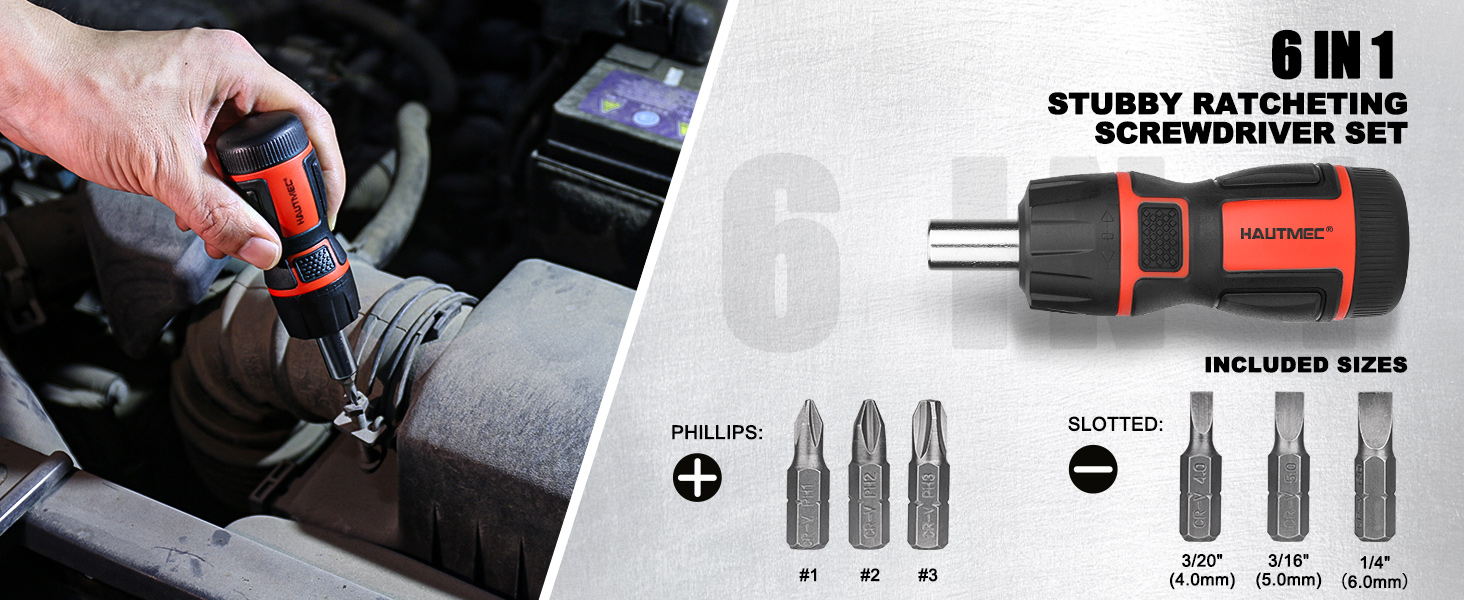 6 IN 1 STUBBY RATCHETING SCREWDRIVER SET