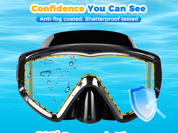 Snorkel mask close-up water droplets on left lens hammer impact on right anti-fog shatterproof lens