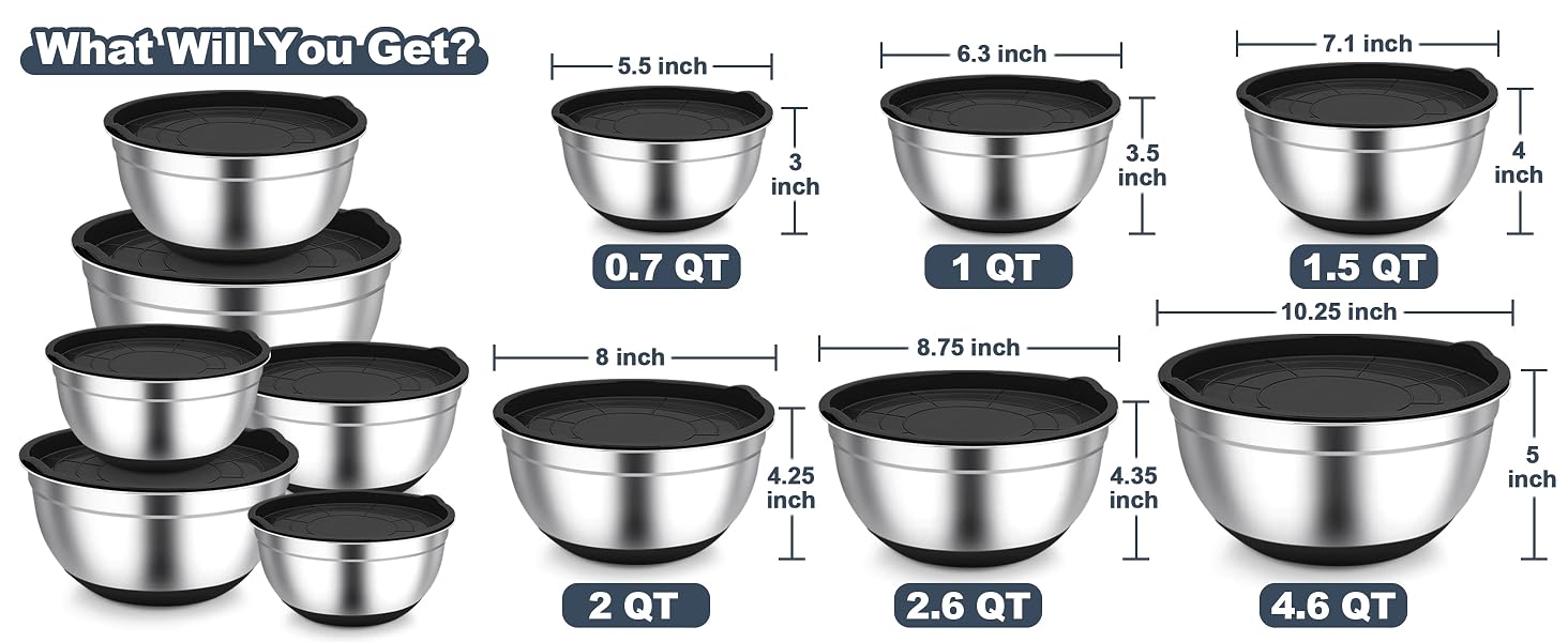 4.6/2.6/2/1.5/1/0.7 qt, 6 different sizes satisfy your large and small amount of demands