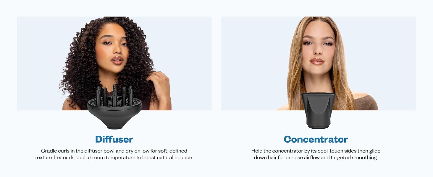 Two portraits compare diffuser-defined curls with concentrator-targeted smoothing.