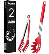 Spaghetti Spoon and Pasta Tong, Non-stick Silicone Spoon Server Fork with teeth and Stainless Ste...