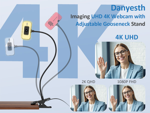 Text reads 'Danyesth', 'Imaging UHD 4K Webcam with Adjustable Gooseneck Stand', '4K UHD', '2K UHD', '1080P FHD'. Webcam product showcase with yellow and black units on flexible gooseneck stand, featuring comparison of three women demonstrating different resolution capabilities.