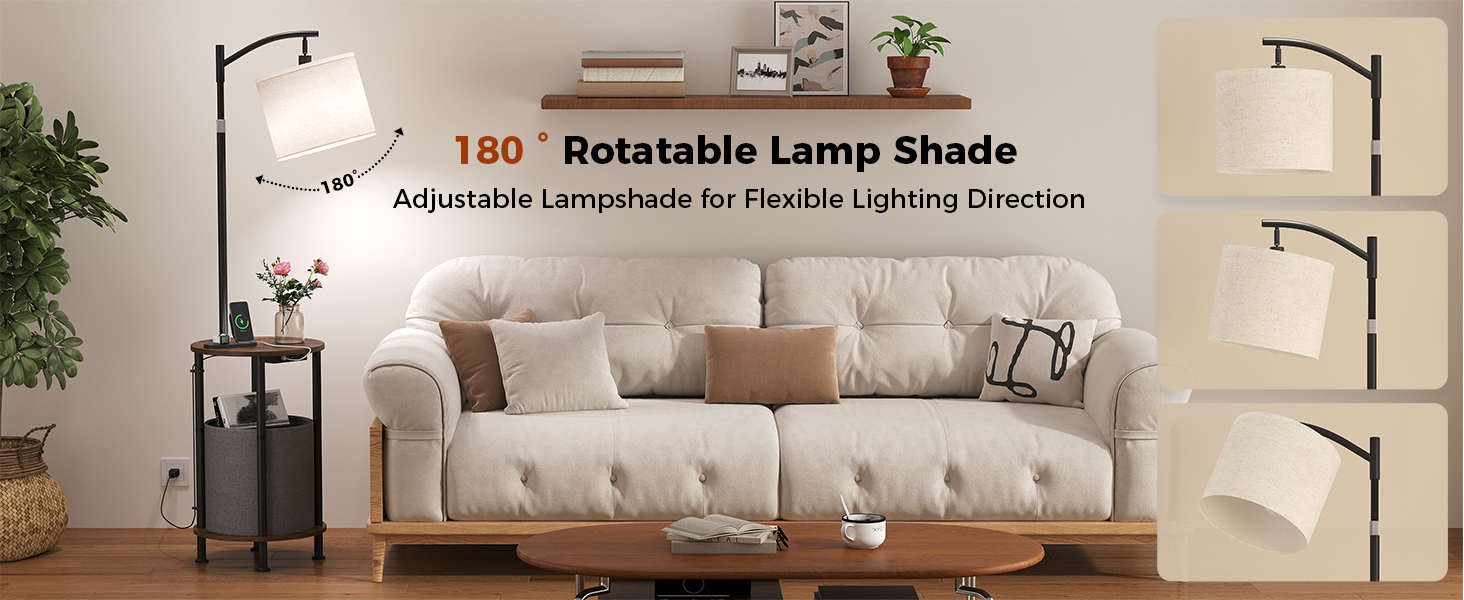 Floor lamp in a modern living room with a rotatable lampshade for flexible lighting direction.