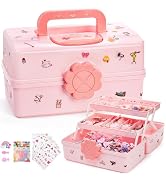ZOOFOX Cute Hair Accessories Organizer for Girls, 3-Layers Pink Craft Storage Container with Hand...