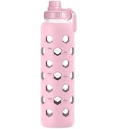 Zukro 32 oz Glass Water Bottles with Silicone Sleeve, Leak Proof, Pink | 1 Liter, Volume Marker, ...