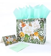 JAYTEM 13" Baby Gift Bag, Large Gift Bag Green Floral Animal Print with Greeting Card, Tag, Envel...