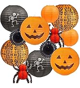UNIQOOO 12Pcs Halloween Hanging Decorations Paper Lanterns, Jack-O'-Lantern Spider Skeleton Pumpk...