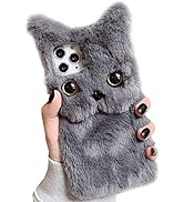 SGVAHY Furry Case for iPhone 15 Cute Cat Gray Fur Fluffy Soft Warm Plush Fuzzy with Bling Glitter...