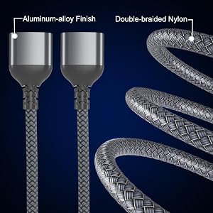 Close-up of durable cables with aluminum-alloy finish connectors and double-braided nylon cords. Text highlights 'Durable And Reliable' features.