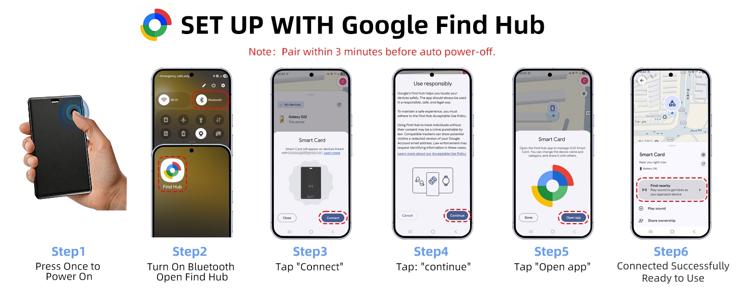 Six-step guide to pair the T2 tracker card with Google Find Hub on an Android phone