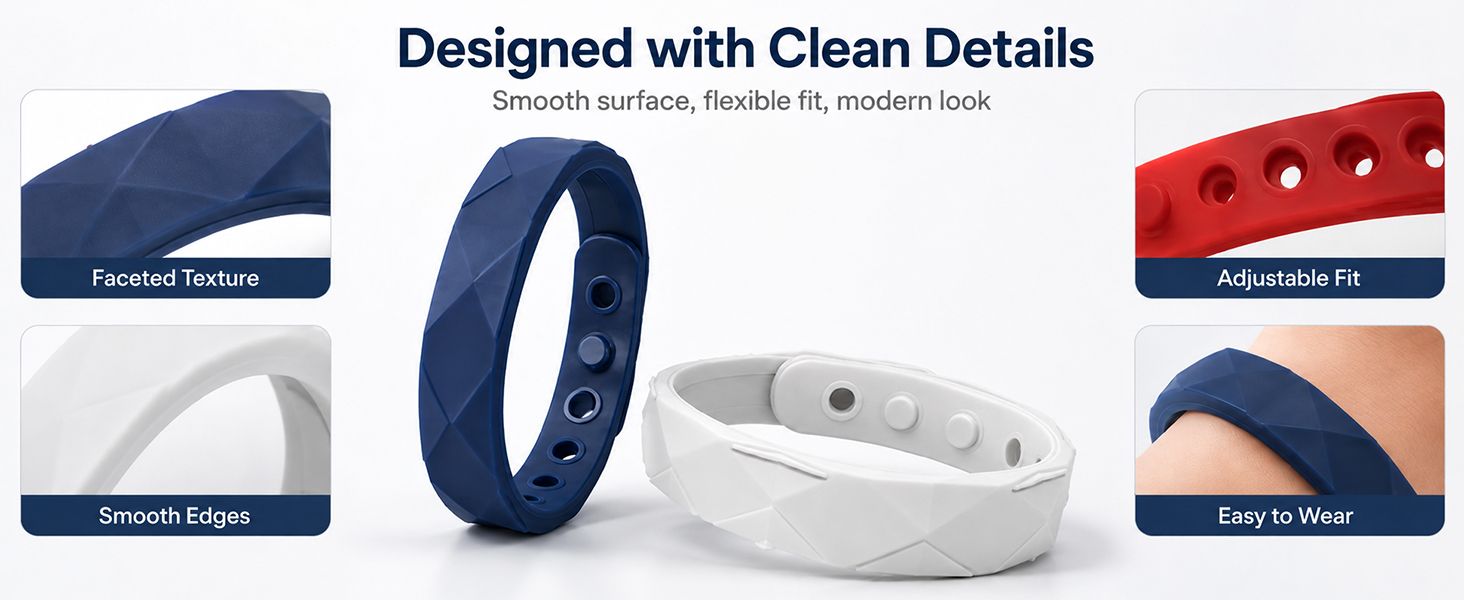 Text reads 'Designed with clean Details'. Dark blue cap, white wristband, dark blue wristband with white logo, and red wristband displayed in a row showing design variations.