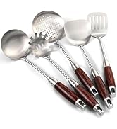 IQCWOOD Stainless Steel Cooking Utensils Set with Wooden Handle, 5-Piece Heat Resistant Kitchen U...