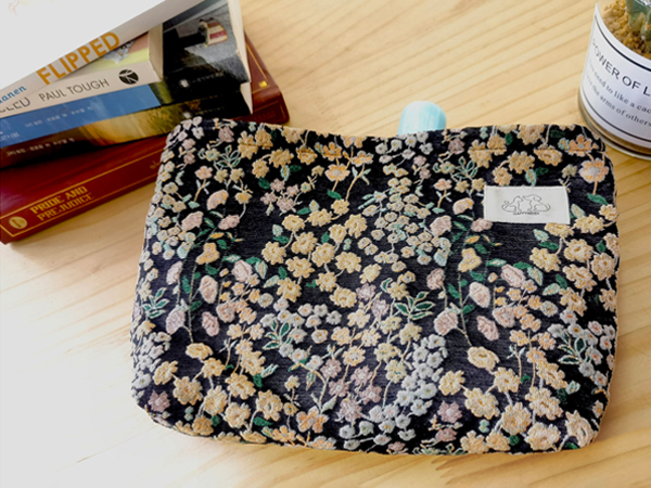 Aesthetic embroidery floral makeup bag medium size, little accessory pouch, black floral