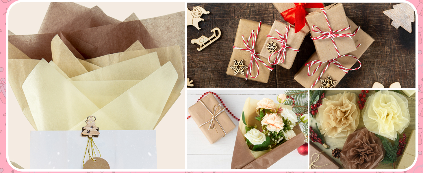 Collage showing cream-colored tissue paper and kraft paper gift wrapping with floral decorative elements