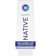 Native Mineral Sunscreen Lotion SPF 30, Unscented, with 100% Mineral Zinc Oxide for Face & Body, ...
