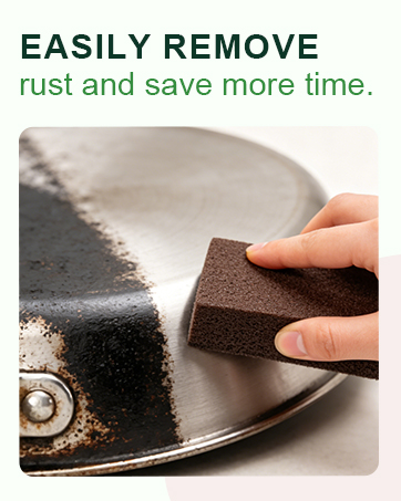 Hand using a brown carborundum sponge to easily remove rust from a metal pan.