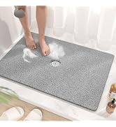 HITSLAM Non Slip Shower Mat with Center Drain Hole 35 x 24 Inch Grey | Bath Mat for Textured Tub,...