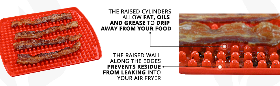 the raised mat has a raised wall that prevents all drippings from leaking in air fryer basket