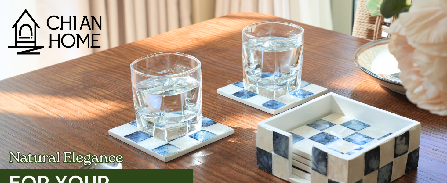 chian home decorative square Capiz shell coasters set with holder for coffee table decor
