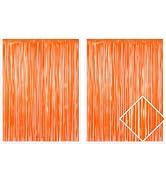 2 Pack Orange Macaron Foil Fringe Backdrop Curtain – 3.2ft x 6.4ft Metallic Tinsel Curtain for Pa...