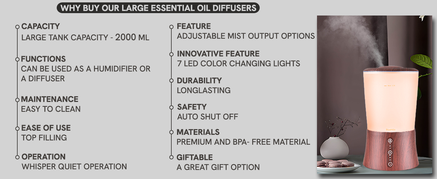 BlueHills 2000ml ultrasonic aroma diffuser with extra-large water tank for all-day misting