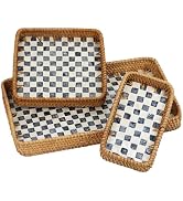Set of 3 Rattan Serving Trays, Rectangle Tea Coffee Tray with Mother of Pearl Inlay, Natural Deco...
