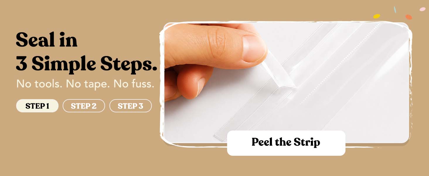Step 1, peel the strip: fingers removing the adhesive liner from a clear self-seal cello bag