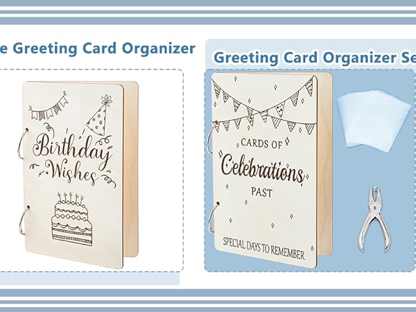 Greeting card organizers and accessories: wooden box with birthday design, set with celebrations box and hole punch, and matching products including colored papers and envelopes.