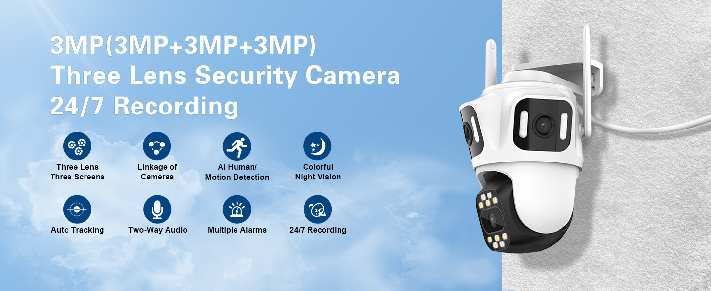 24/7 recording plug in wired power outdoor security camera, three lens