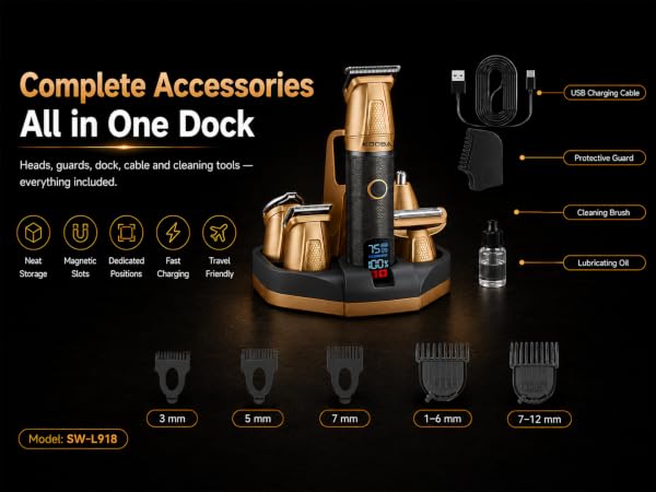 KOOBA 6-in-1 magnetic grooming kit with charging dock and beard trimmer