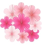 9PCS Hot Pink Paper Flower Decor Set,Hanging Paper Fans,Floral Backdrop Ornaments,Perfect for Hel...