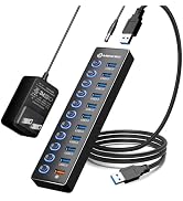Powered USB Hub, MENKSID 11-Port USB Hub, 10 USB 3.0 Data Transfer Ports + 1 Smart Charging Port,...