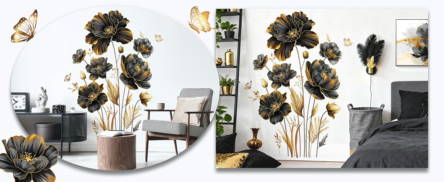 DM2355 black gold flower wall decals