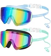 Vvinca 2 Pack Kids Swim Goggles with Attached Earplugs & Nose Clip, Frameless Anti-Fog Wide View ...