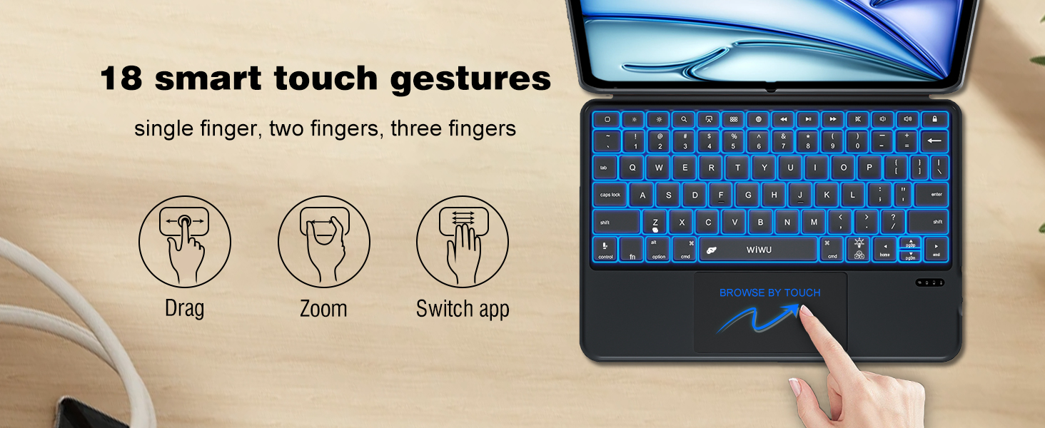 Text reads '18 smart touch gestures'. Shows laptop or tablet device with illuminated keyboard and interface demonstrating touch gesture controls with icon indicators.