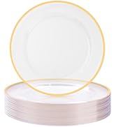 BESTSTAR 12 Inch Disposable Charger Plates, 50 Pack Plastic Clear Plates with Gold Rim, Perfect T...