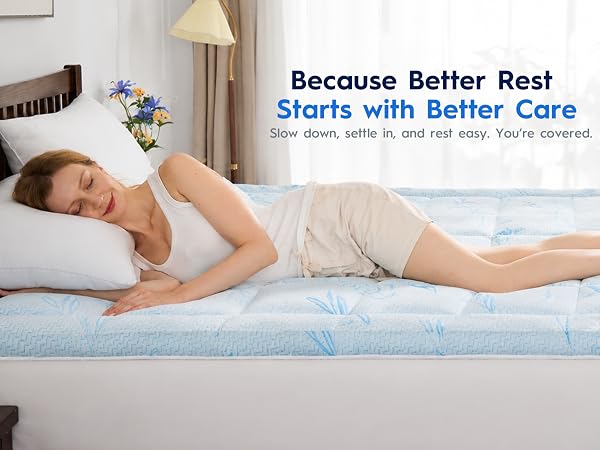 Woman resting comfortably on a cushioned mattress pad for soft and relaxing sleep